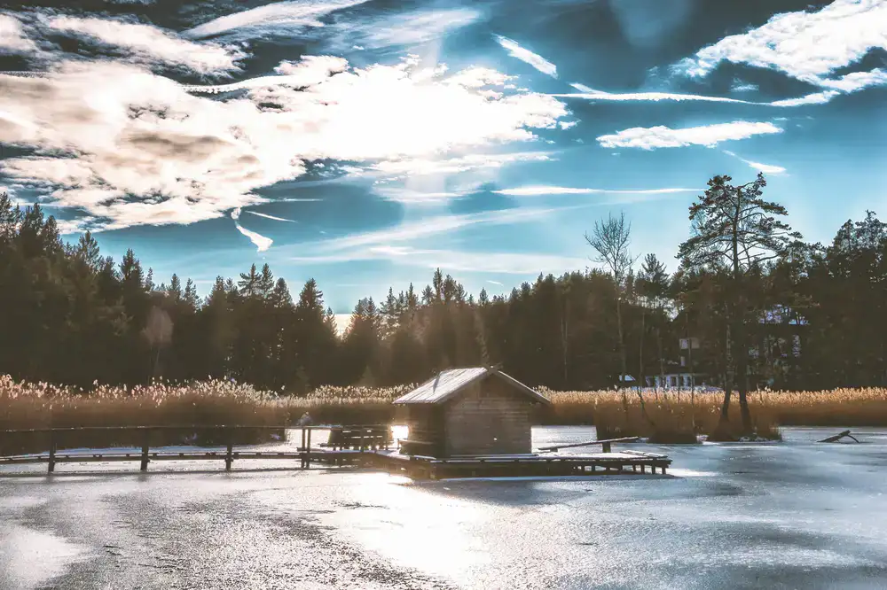 The Lakeside Cabin viewed from the frozen water