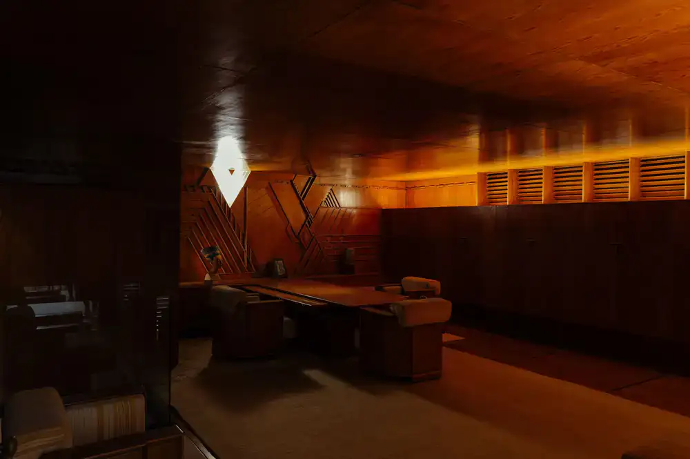Interior of the Woodsman Suite with rich timber finishes